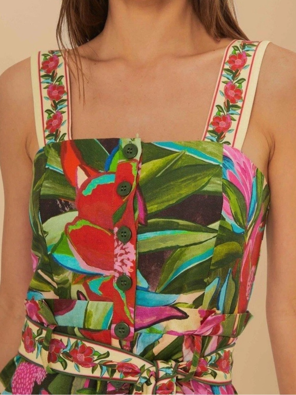 FARM RIO Jardin De Reve Linen Blend Romper Size Small Pink Green Multicolor NWT - Picture 2 of 7